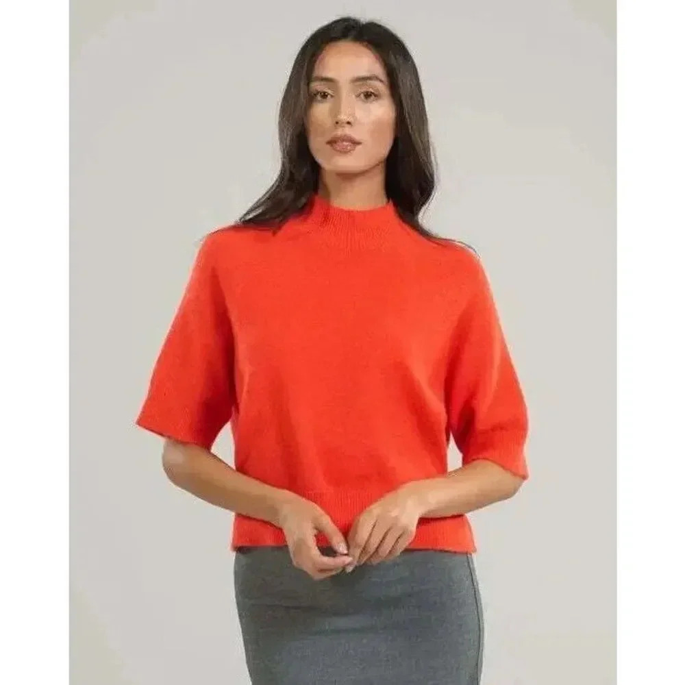 Land's End Sweater Women Size 2X Orange Boxy 3/4 Sleeve Loose Fitting Pullover